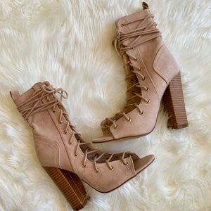 Lulu's Tan Suede Lace Up Heels Size 6